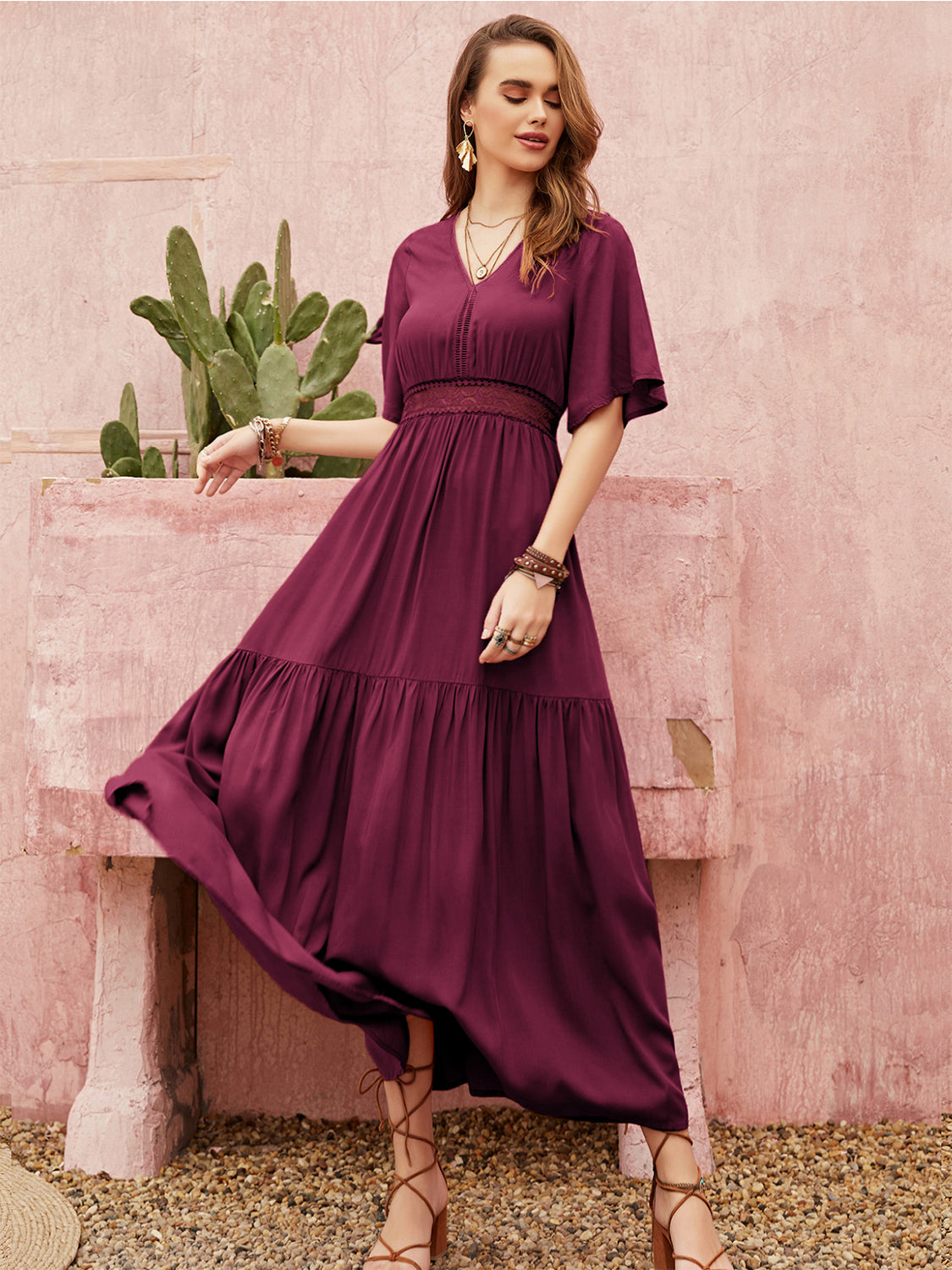 Openwork V-Neck Flare Sleeve Ruched Dress - Ladyez