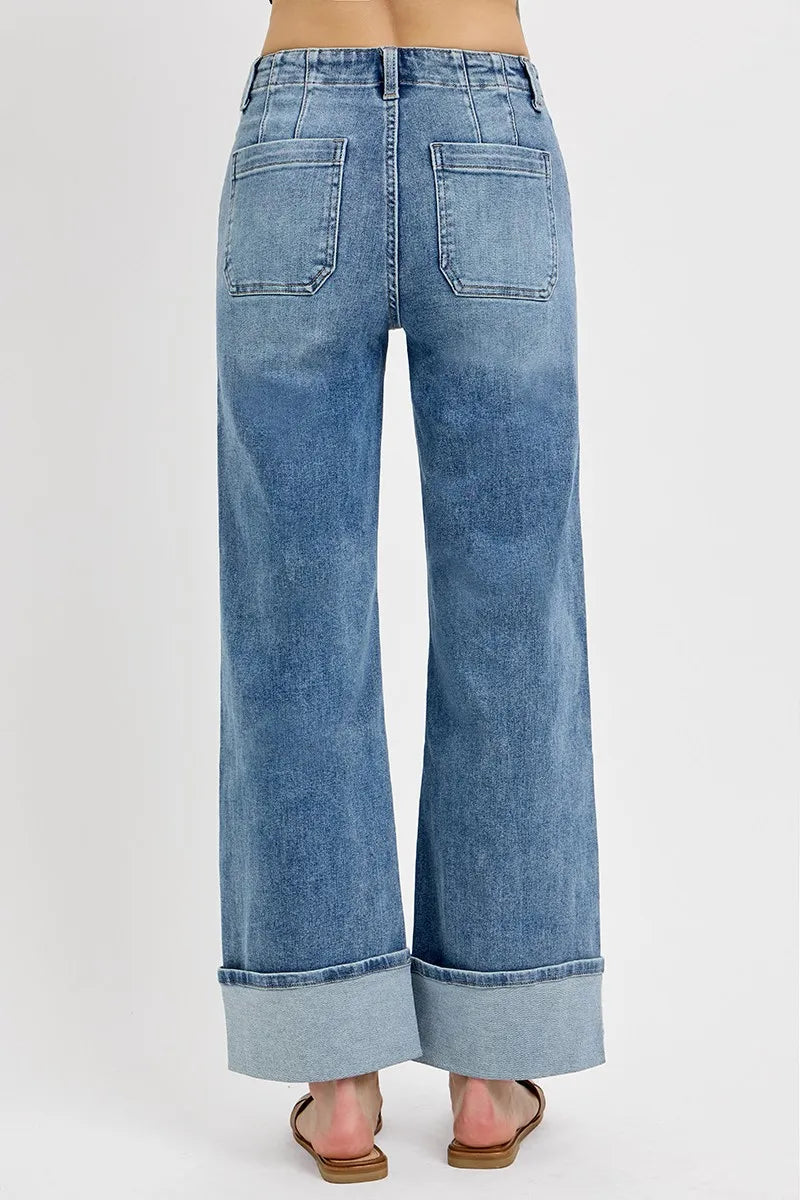 RISEN High Rise Ankle Wide Button Patch Pocket Cuffed Jeans - Ladyez