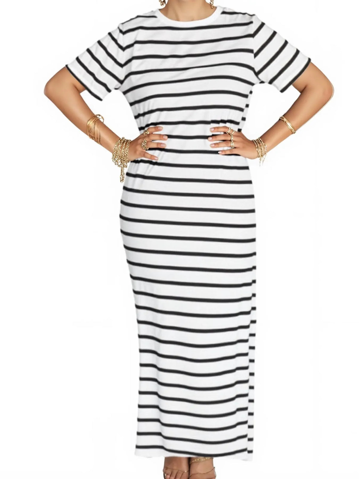 Full Size Striped T-Shirt Maxi Dress with Side Slit Plus Size - Ladyez