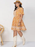 Plus Size Printed Square Neck Short Sleeve Dress