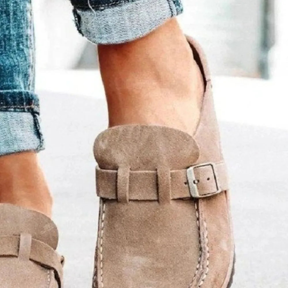 Round Toe Low Heel Buckle Loafers - Ladyez