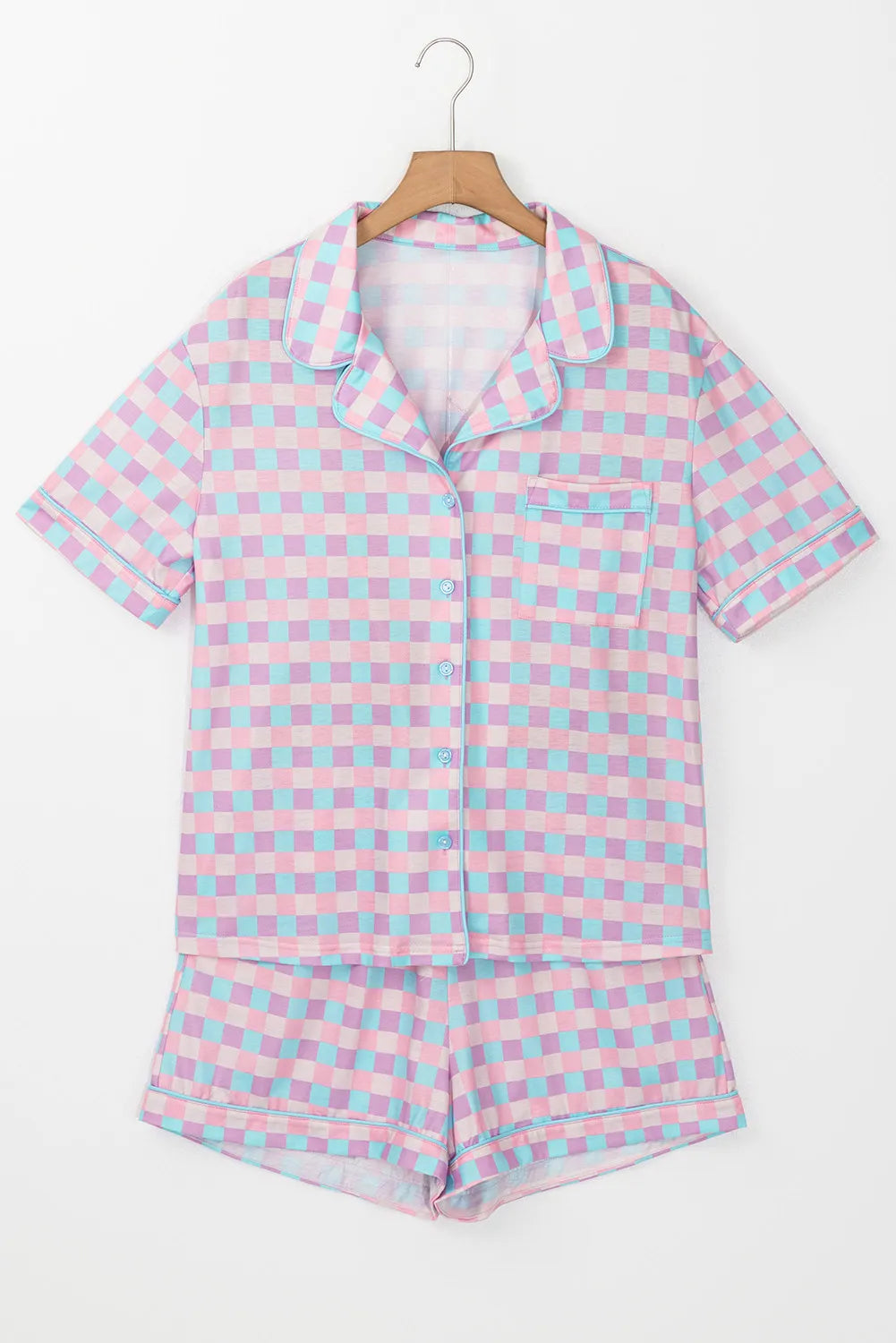 Plaid Collared Neck Short Sleeve Top and Shorts Lounge Set - Ladyez