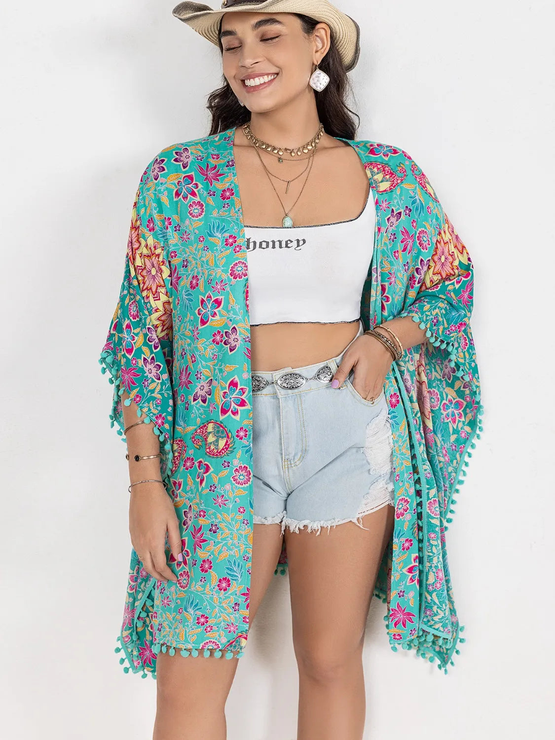 Plus Size Printed Open Front Cover-Up - Ladyez