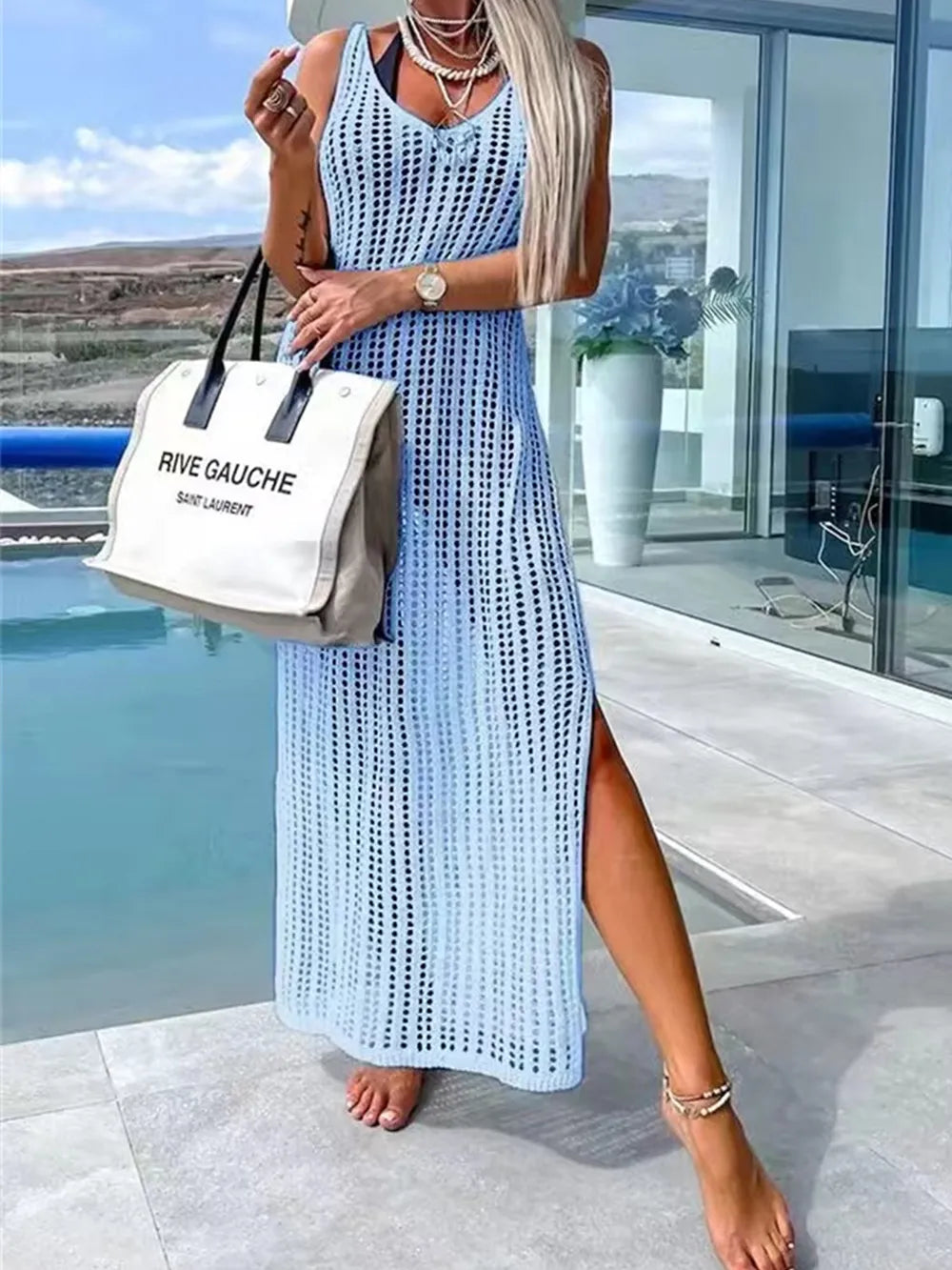 Openwork Slit Cutout Wide Strap Dress - Ladyez