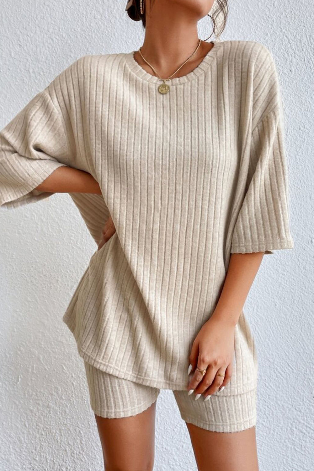 Round Neck Ribbed Top and Shorts Lounge Set - Ladyez
