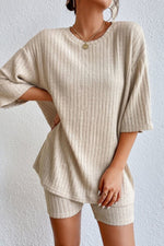 Round Neck Ribbed Top and Shorts Lounge Set - Ladyez