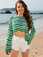 Striped Boat Neck Long Sleeve Cover Up - Ladyez