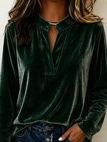 Full Size Velvet Notched Long Sleeve Top Plus Size