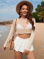 Openwork Boat Neck Long Sleeve Cover-Up - Ladyez