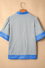 Stripe Color Block Detail V Neck Short Sleeve Blouse