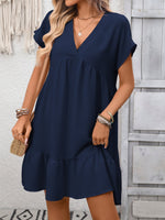 Casual V-Neck Ruffle Hem Mini Dress