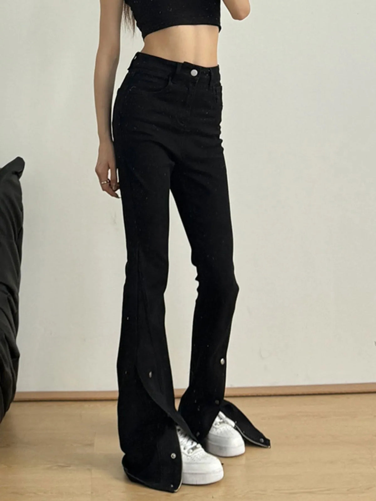 High-Waisted Slit Flare Jeans - Ladyez