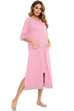 Zip Up Slit Round Neck Night Dress with Pockets - Ladyez