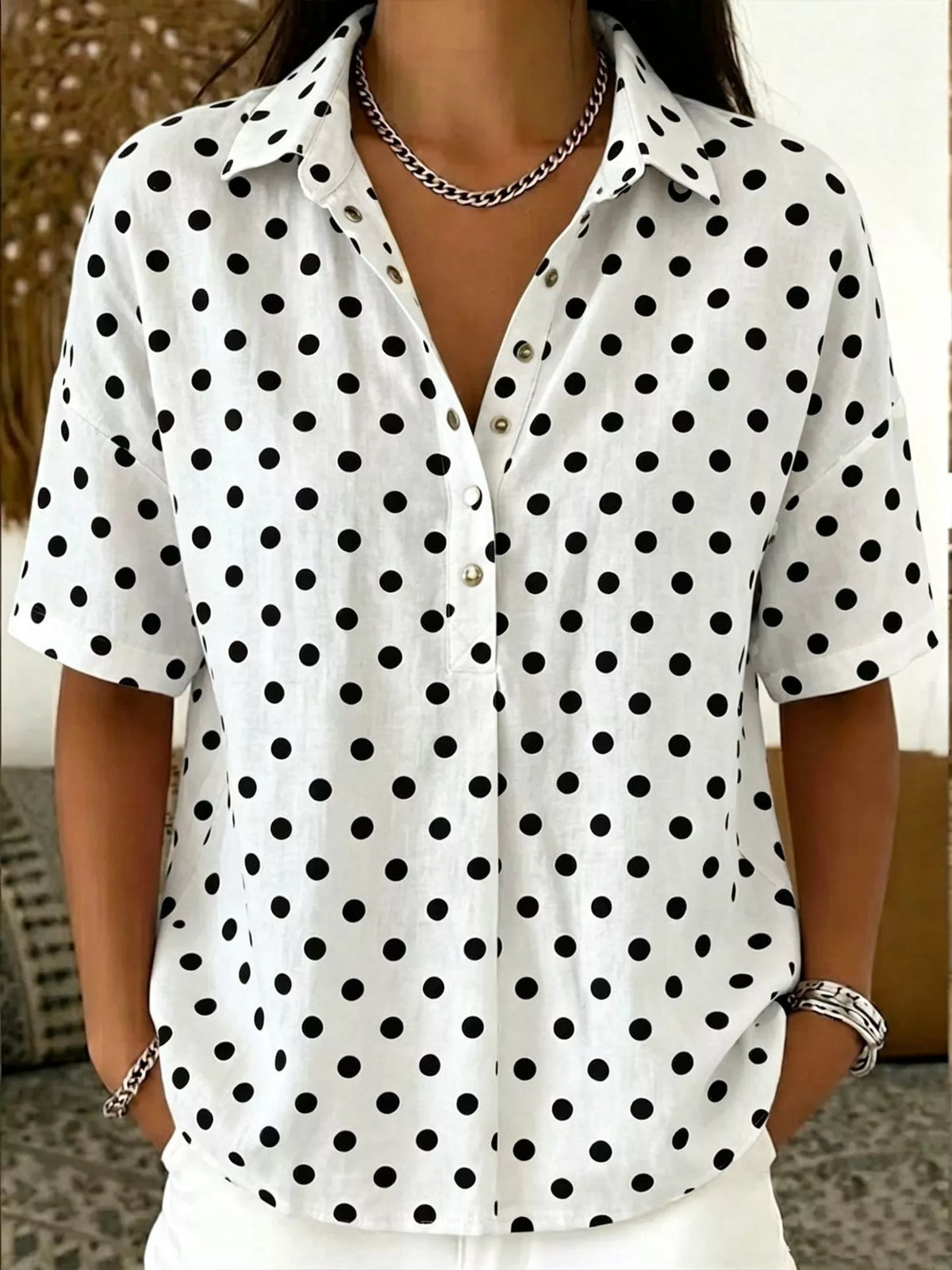Full Size Polka Dot Short Sleeve Shirt Plus Size