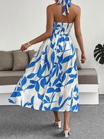 Leaf Print Halter Neck Midi Dress