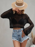 Openwork Flare Sleeve Cropped Cover Up - Ladyez