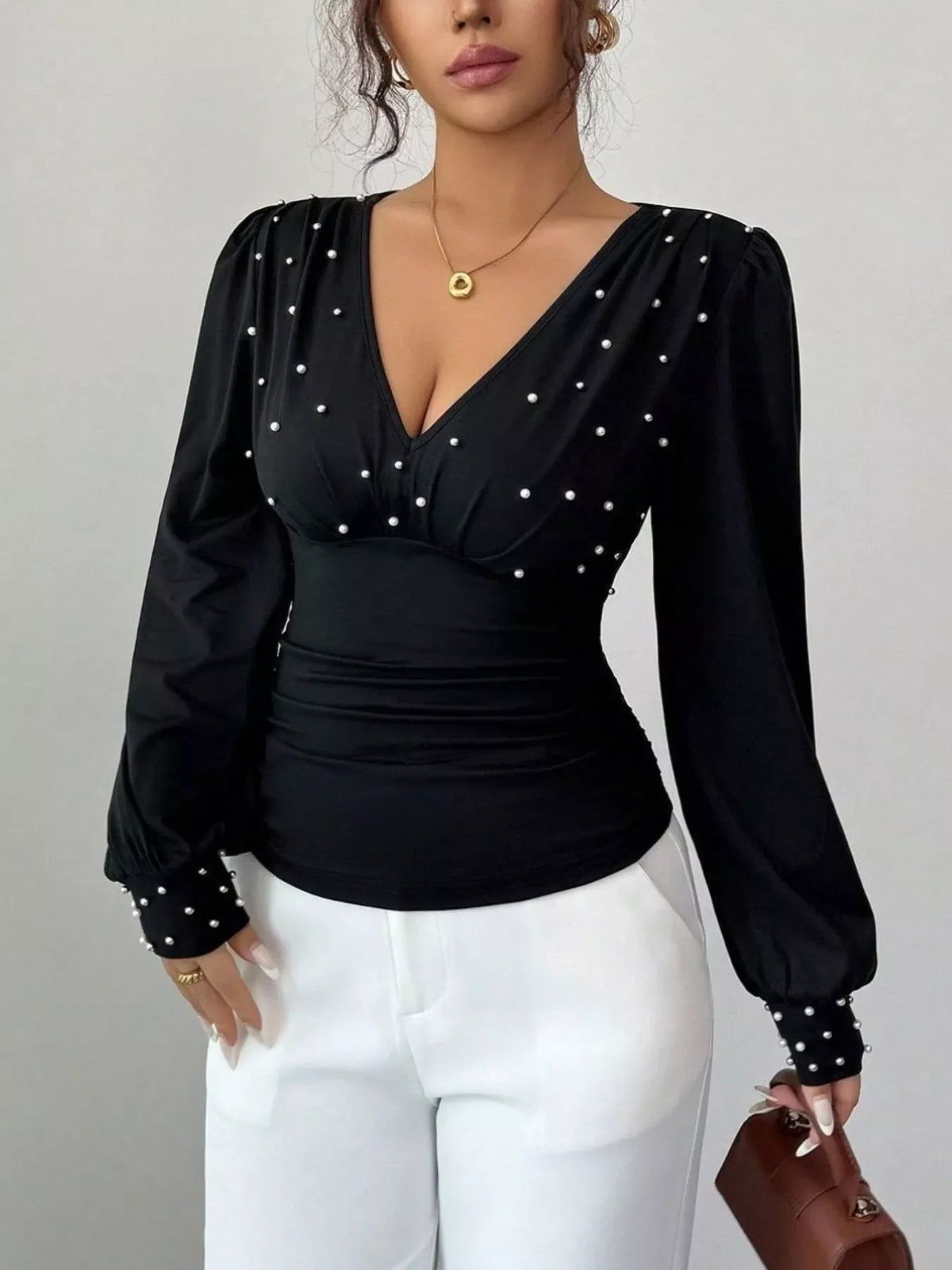 Pearl Embellished V-Neck Blouse