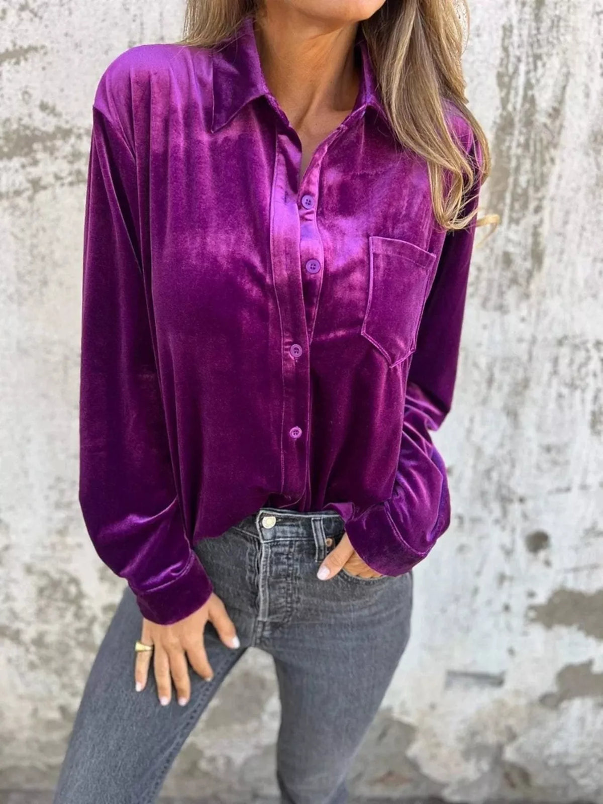 Full Size Velvet Button-Up Long Sleeve Shirt Plus Size