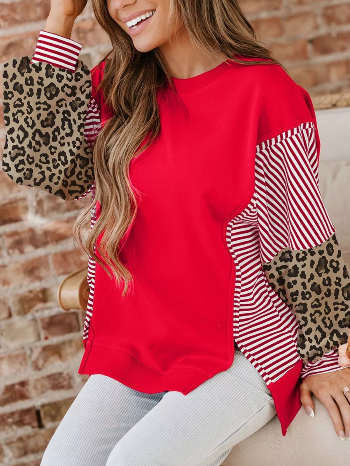 Striped Patchwork Sleeve Colorblock Sweatshirt