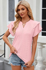 Eyelet Notched Flutter Sleeve T-Shirt
