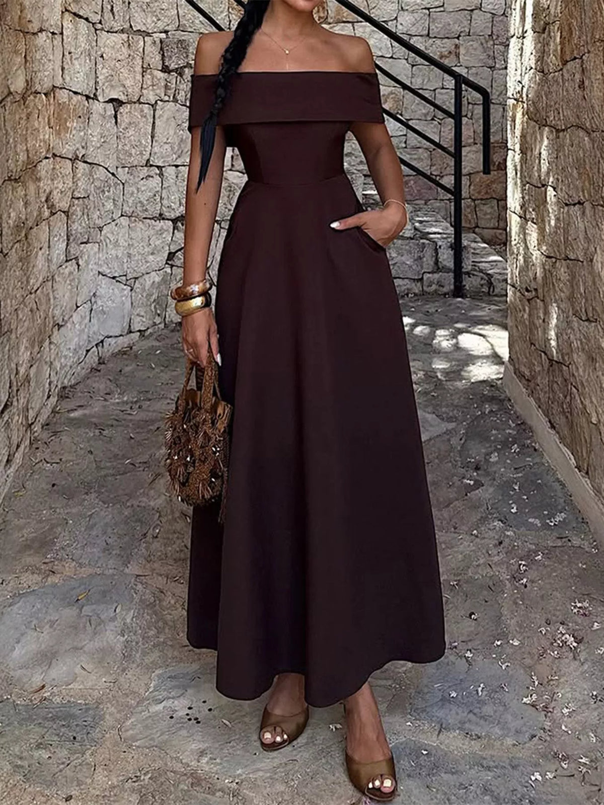 Off-Shoulder A-Line Maxi Dress