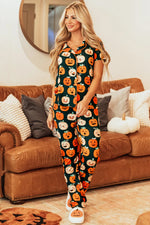 Pumpkin Printed Short Sleeve Top and Pants Lounge Set - Ladyez