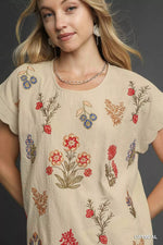 Umgee Embroidered Scallop Sleeve Top with Drawstring Hem