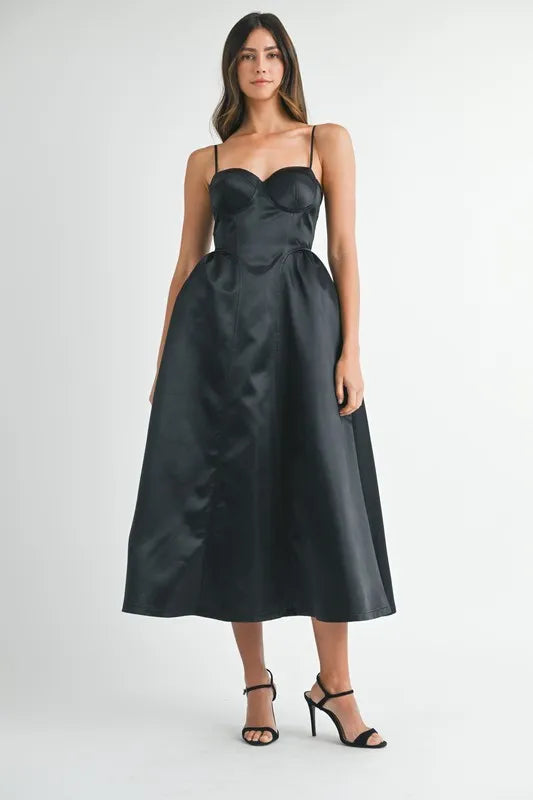 MABLE Solid Taffeta Spaghetti Strap Bustier Midi Dress - Ladyez