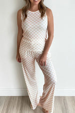 Ribbed Texture Checkered Print Tank and Pants Set - Ladyez