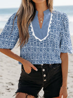 Printed Contrast Ric-Rac Puff Sleeve Top - Ladyez