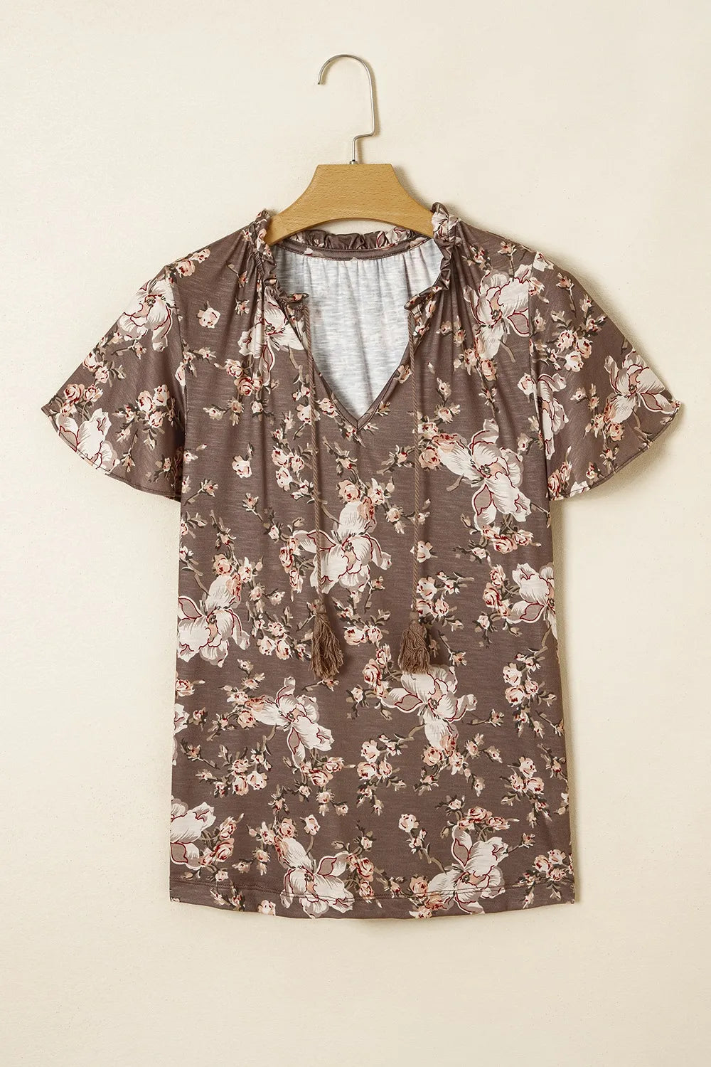 Floral Print Tassel Tie Split Neck Short Sleeve Blouse - Ladyez