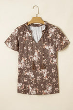 Floral Print Tassel Tie Split Neck Short Sleeve Blouse - Ladyez