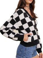 Checkerboard Pattern Button-Down Cardigan