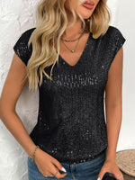 Sequin V-Neck Cap Sleeve Top - Ladyez