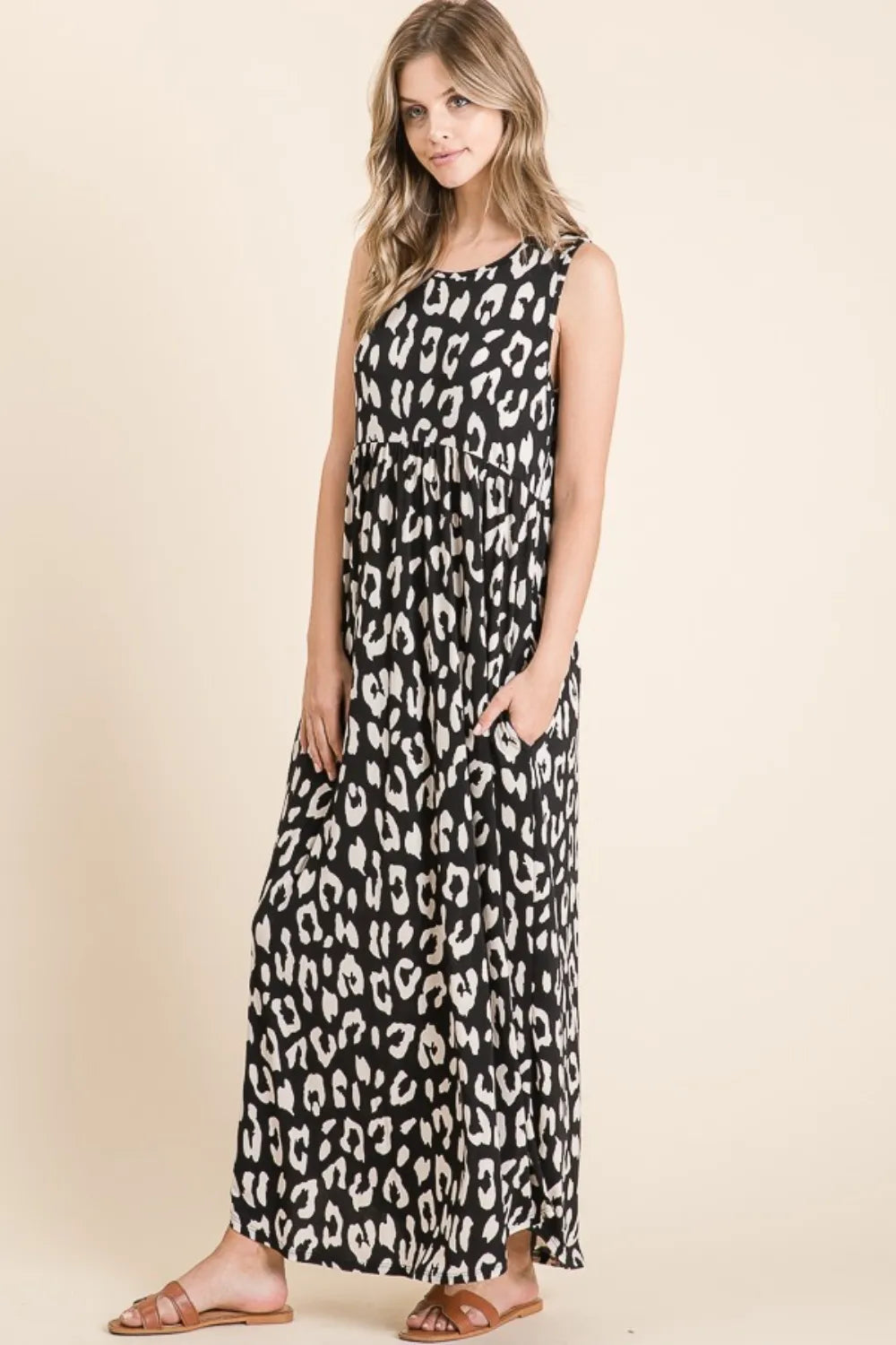 BOMBOM Leopard Maxi Dress with Pockets - Ladyez