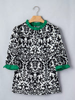 Damask Print Ruffled Color Block Detail Half Sleeve Blouse