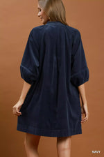 Umgee Corduroy V-Neck Puff Sleeve Shift Dress with Pockets