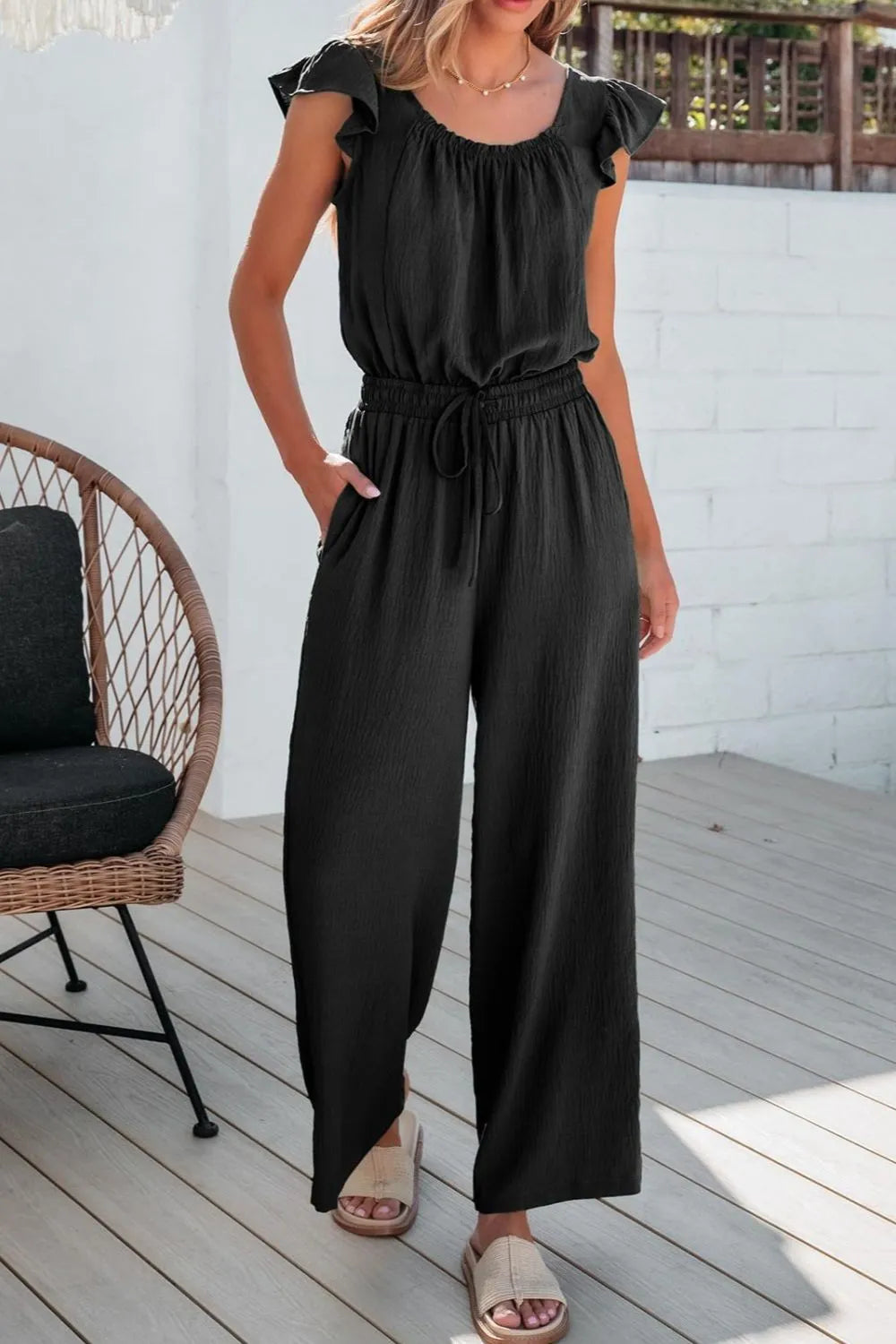 Ruffled Cap Sleeve Wide Leg Jumpsuit - Ladyez