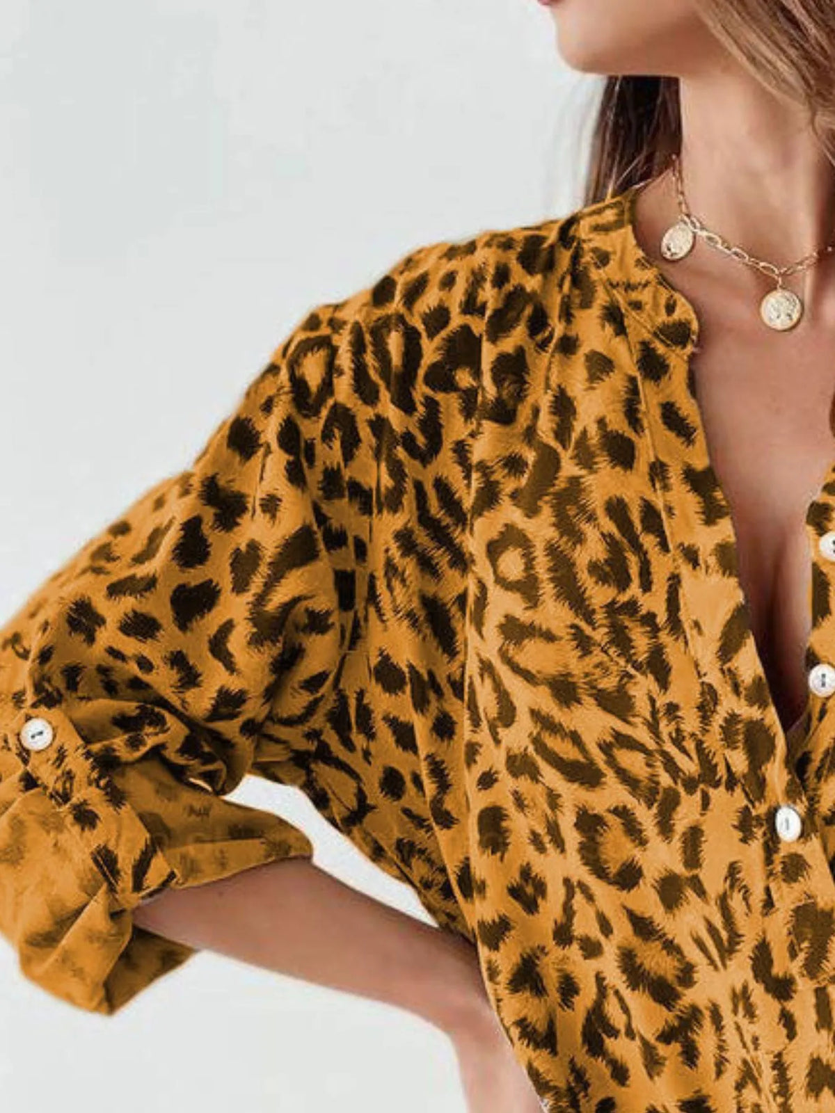 Full Size Leopard Print Roll-Tab Sleeves Blouse Plus Size - Ladyez