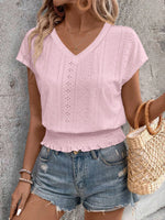 Eyelet V-Neck Short Sleeve Blouse - Ladyez