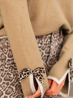 Leopard Bow Decor Split Cuff Contrast Trim Sweater