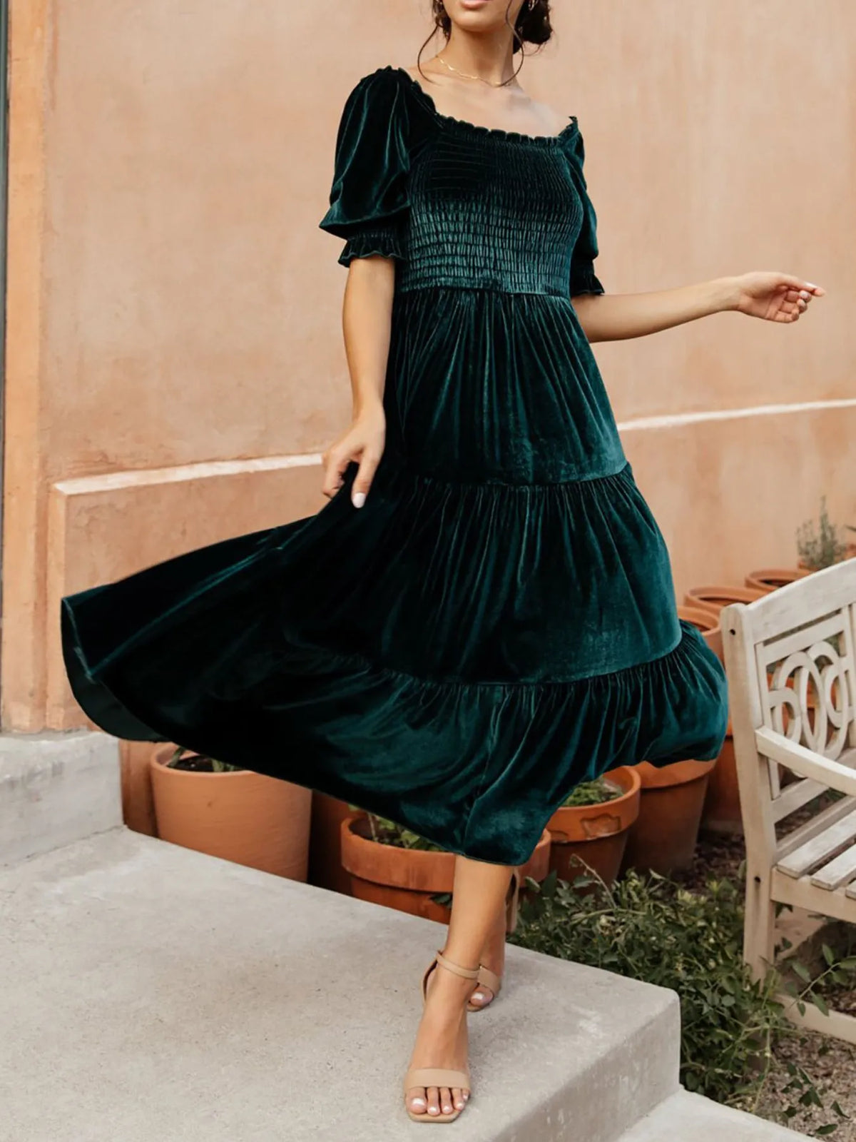 Smocked Half Sleeve Tiered Midi Dress - Ladyez