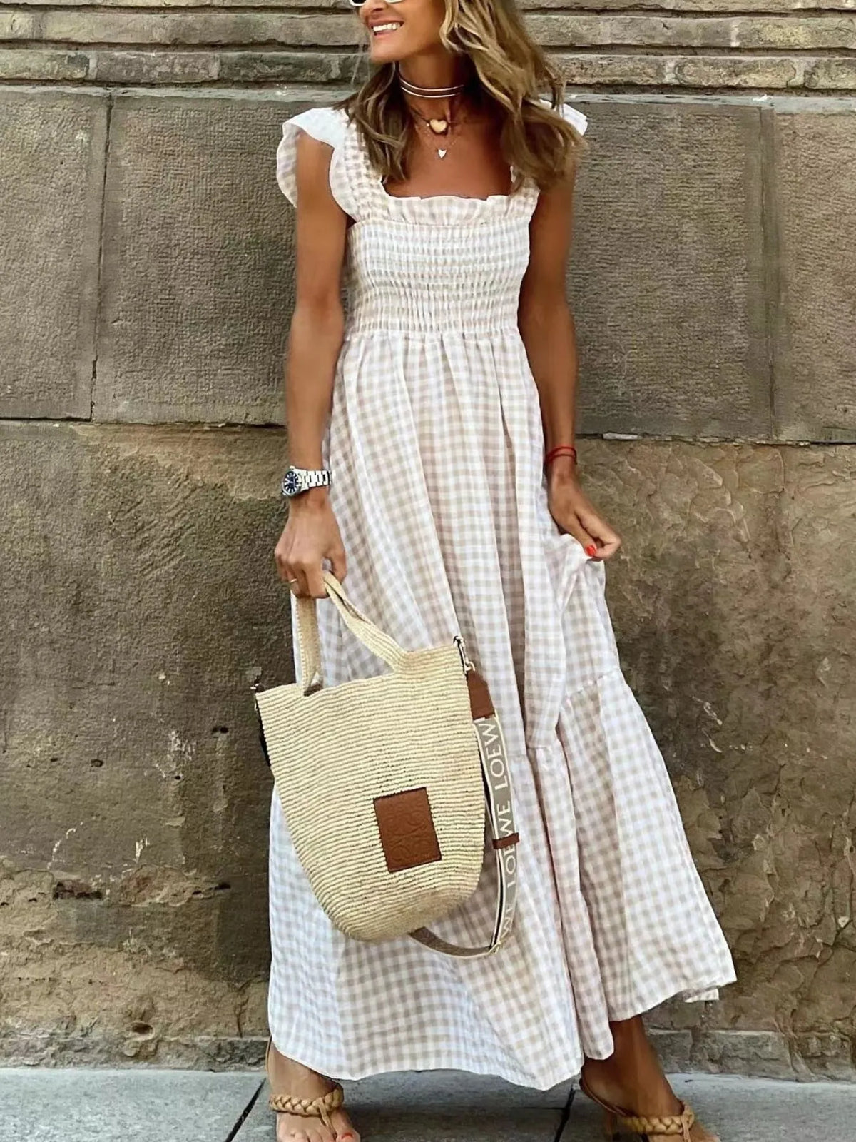 Smocked Gingham Maxi Dress with Ruffle Straps - Ladyez