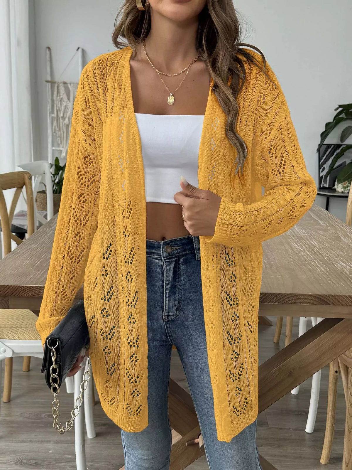 Openwork Open Front Knit Cardigan
