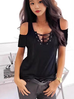 Lace Up Cold Shoulder T-Shirt - Ladyez