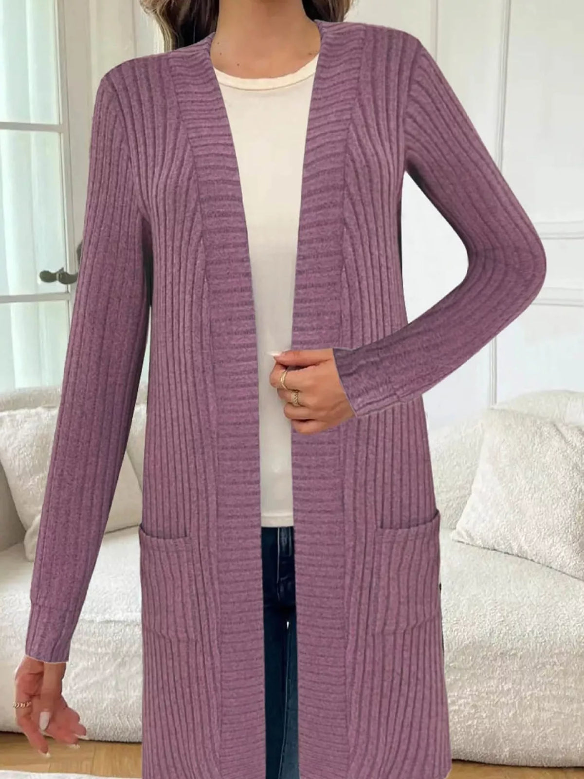 Ribbed Knit Open Front Cardigan