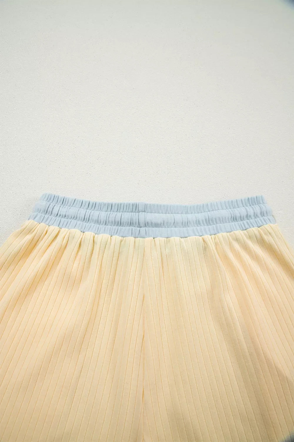 Soft Ribbed Color Block Trim Casual Short Set