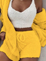 Full Size 3-Piece Fuzzy Plush Cardigan and Shorts Lounge Set with Crop Top Plus Size