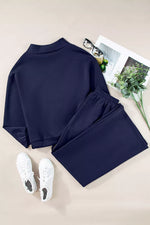 Solid Color Cowl Neck Drawstring Pullover Wide Leg Athleisure Pants Set