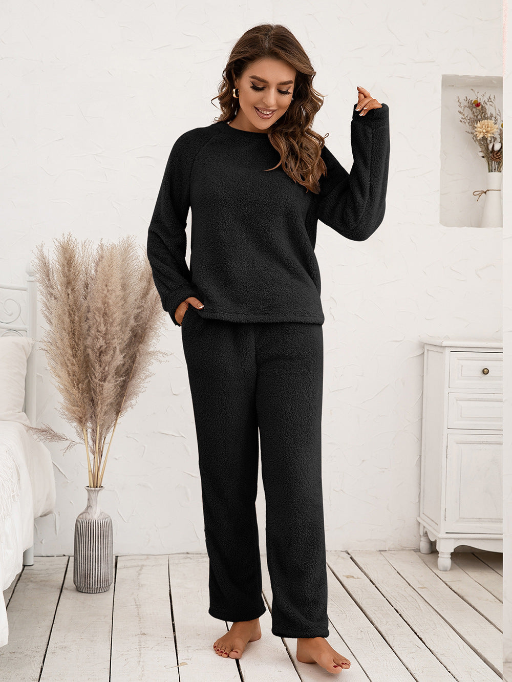 Ivy Lane Teddy Long Sleeve Top and Pants Lounge Set - Ladyez
